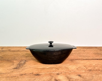 Vintage Mid-Century Black Enameled Cast Iron Dutch Oven with Lid - Queensbury Ovenware: by E & S P, England, 1950s-60s