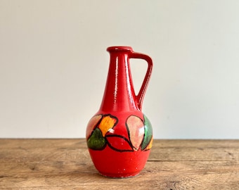 Jarrón de cerámica vintage de Alemania Occidental "Bay" con asa, naranja con diseños de hojas en amarillo brillante y verde, número 30, 1967