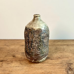 Vintage mid-century brutalist ceramic vase, brown and green textured pottery vase, likely Danish, signed DHC and with a logo, circa 1950s