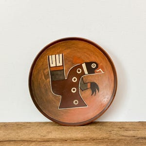 Vintage Nazca Style Hand-Painted Ceramic Plate - Pre-Columbian Inspired Polychrome Pottery - Tribal Bird Deity Wall Art: circa 1950s