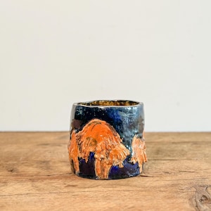 Vintage mid-century hand-made ceramic planter, navy blue studio pottery with orange textured mushrooms, circa 1960s-70s