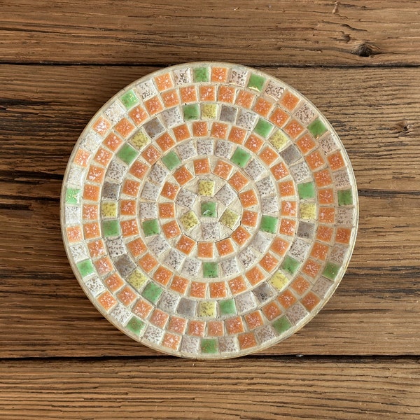 Vintage hand-made mosaic ceramic platter, round catch all dish with small green, orange, yellow, beige and gold tiles, from the 1960s