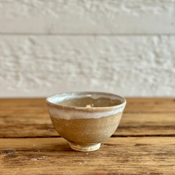 Vintage hand-turned ceramic footed bowl, beige and white glazing, hand-made studio pottery bowl