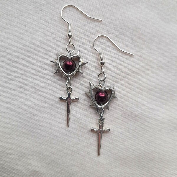 Customisable silver spiky soldered earrings metal plated heart charm spiky earrings dagger earrings handmade gothic alternative jewellery