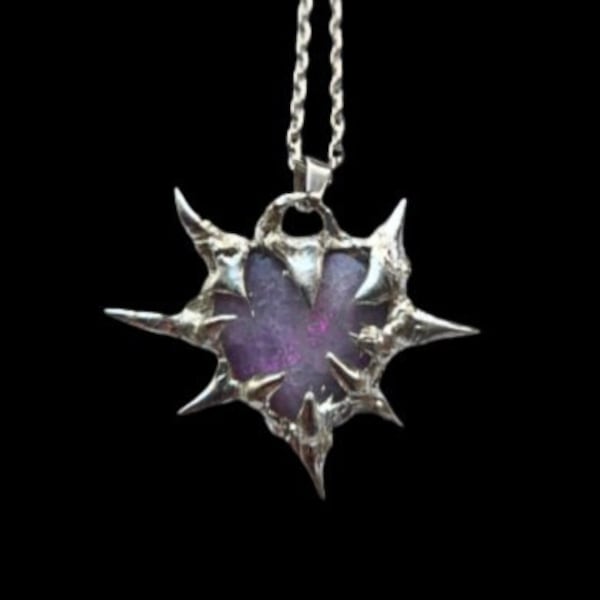 Spiky soldered necklace metal plated charm soldered necklace purple quartz heart pendant crystal unique handmade gothic jewellery spiky