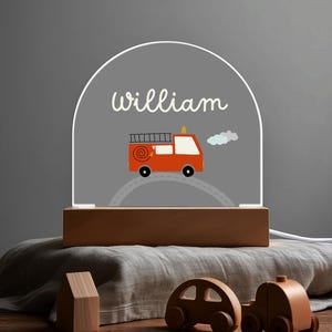 Personalized Fire Truck Name Night Light – Custom Boys Room Acrylic Lamp – Fun Kids Room Decor Gift for Birthday or Nursery Lighting