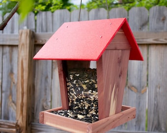 Amish Made Cedar & Recycled Plastic Hopper Feeder w/Red Roof