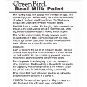 May include: Green Bird Real Milk Paint product label with instructions for use. The label is white with black text and includes information about the ingredients, directions for use, and a caution about calcium hydroxide.