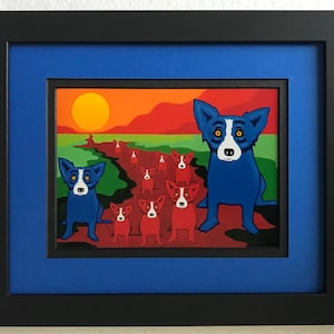 Carte postale avec cadre et passe-partout Blue Dog George Rodrigue « Blue Dogs on the Red River »