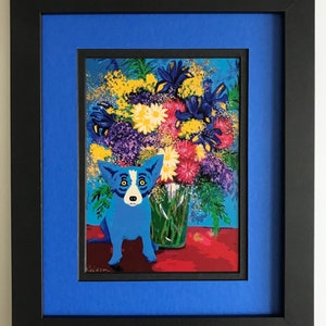 Blue Dog George Rodrigue Framed and Matted Postcard &quot; Mignon&#39;s Flowers &quot;