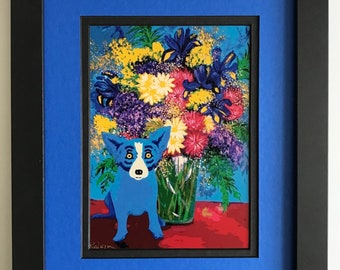 Blue Dog George Rodrigue Framed and Matted Postcard " Mignon's Flowers "