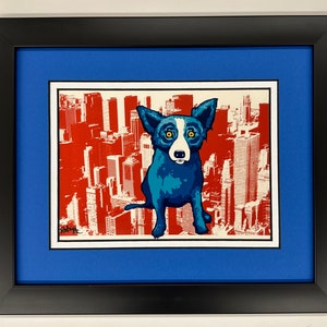 Carte postale avec cadre et passe-partout Blue Dog George Rodrigue « Big Apple Blues »