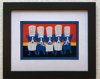 Blue Dog George Rodrigue Framed and Matted Postcard " Heat in the Kitchen "