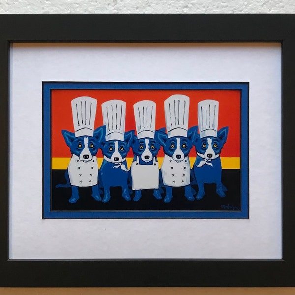 Blue Dog George Rodrigue Framed and Matted Postcard " Heat in the Kitchen "