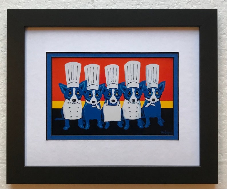 Blue Dog George Rodrigue Framed and Matted Postcard Heat in the Kitchen image 1