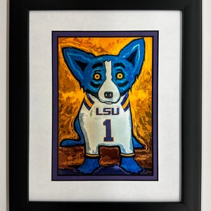 Carte postale avec cadre et passe-partout Blue Dog George Rodrigue « Un fan numéro un » LSU Geaux Tigers
