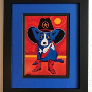 Blue Dog George Rodrigue, format carte postale « Take Me Back To Texas » avec cadre et passe-partout