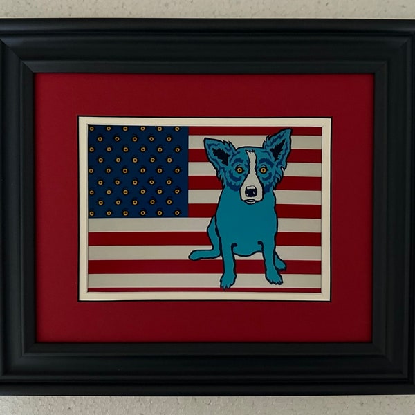 Blue Dog George Rodrigue Framed and Matted Postcard " Red White and Blues "