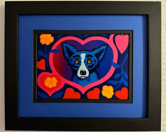 Blue Dog George Rodrigue Framed and Matted Postcard size " Love Me Forever "