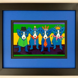 Carte postale avec cadre et passe-partout Blue Dog George Rodrigue « Quatre pour Mardi Gras »