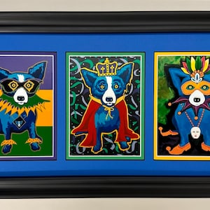 Cartes postales Blue Dog George Rodrigue, encadrées et passe-partout, Trilogie de Mardi Gras « Jetez-moi quelque chose monsieur, Mardi gras 96, ils vous ont tous demandé »