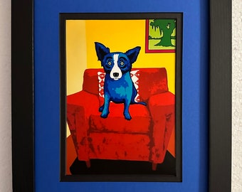 Blue Dog George Rodrigue Framed and Matted Postcard size " Watching The Game "