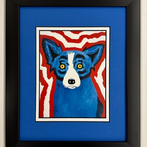 Carte postale avec cadre et passe-partout Blue Dog George Rodrigue « I Live For My Country »