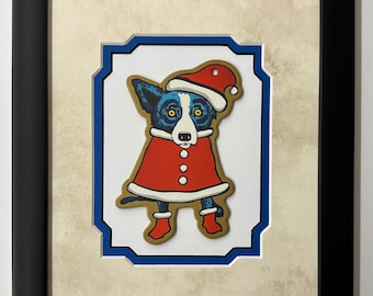 Blue Dog George Rodrigue Framed and Matted Christmas Ornament " Santa's Helper "