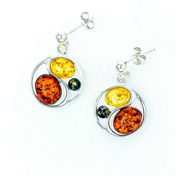 Silver / Baltic Gold Gems Earrings Honey, Cognac, Lemon, Green Gems /  Genuine Baltic Gold Gem Round Earrings on 925 Sterling Silver Earrings 