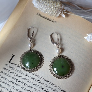 Vintage silver jade earrings. Retro period jewelry. Unique gift for women