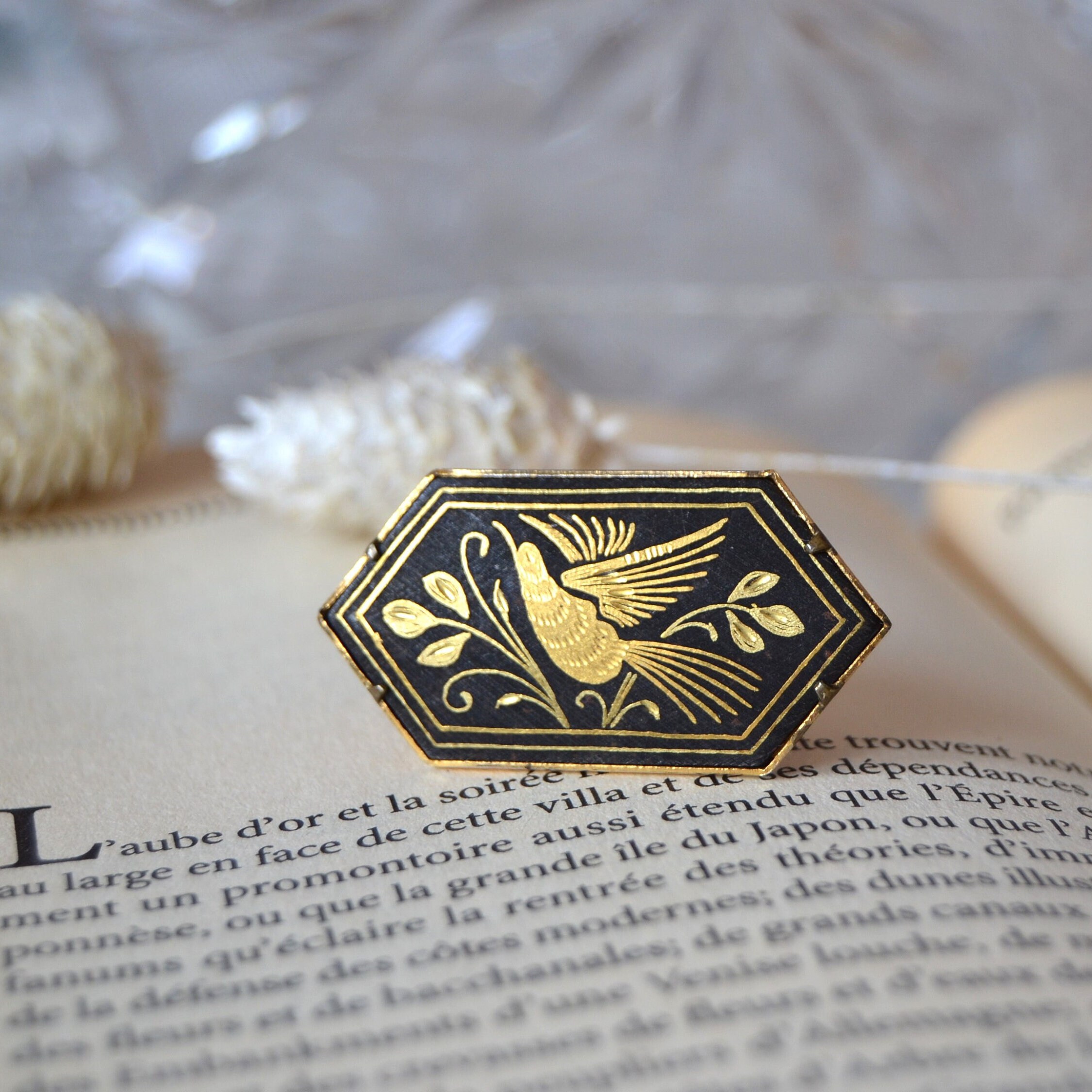 Damascene gold brooch. Spanish Toledo vintage birds and flowers brooch. Unique gift for her.