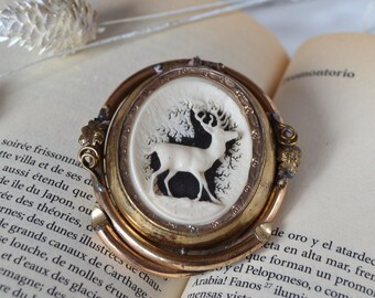Large Victorian rolled gold spinner locket brooch with carved antler and antique picture. Unique gift for her.