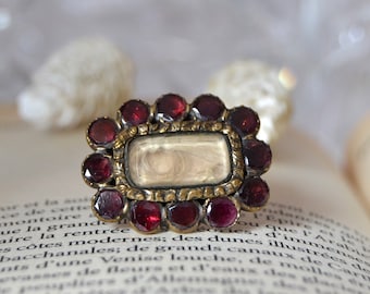 Antique Georgian gold brooch with garnet frame. Mourning hair jewelry. Unique gift for her