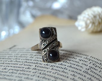 Vintage Art Deco Sterling Silber Onyx Markasit Ring - Größe 14