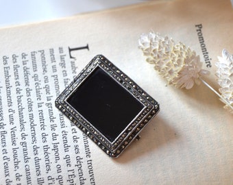 Vintage Art Deco Onyx Brooch: Marcasite Sterling Silver Geometric Pin