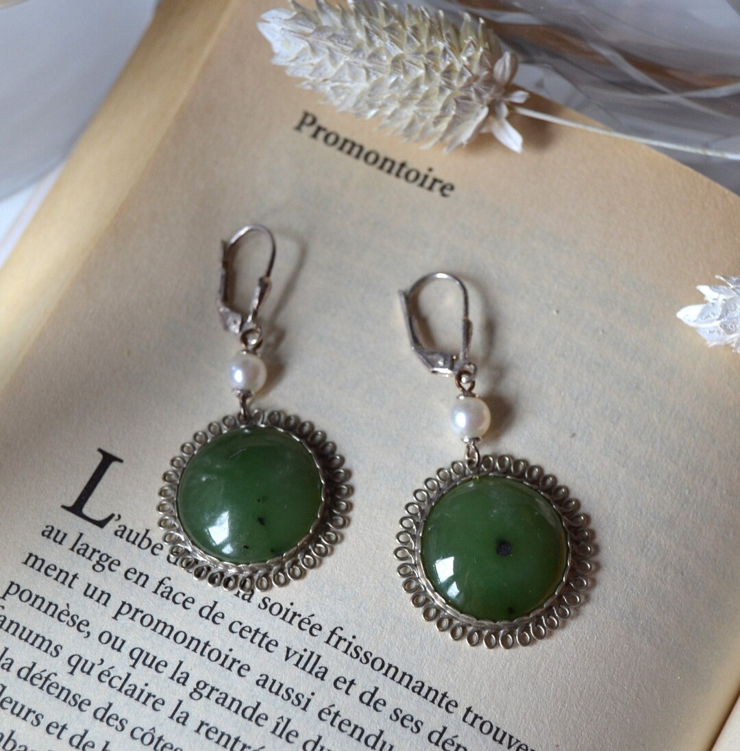 Vintage Jade Drop Earrings in Silver Retro Period Jewelry Ca Etsy