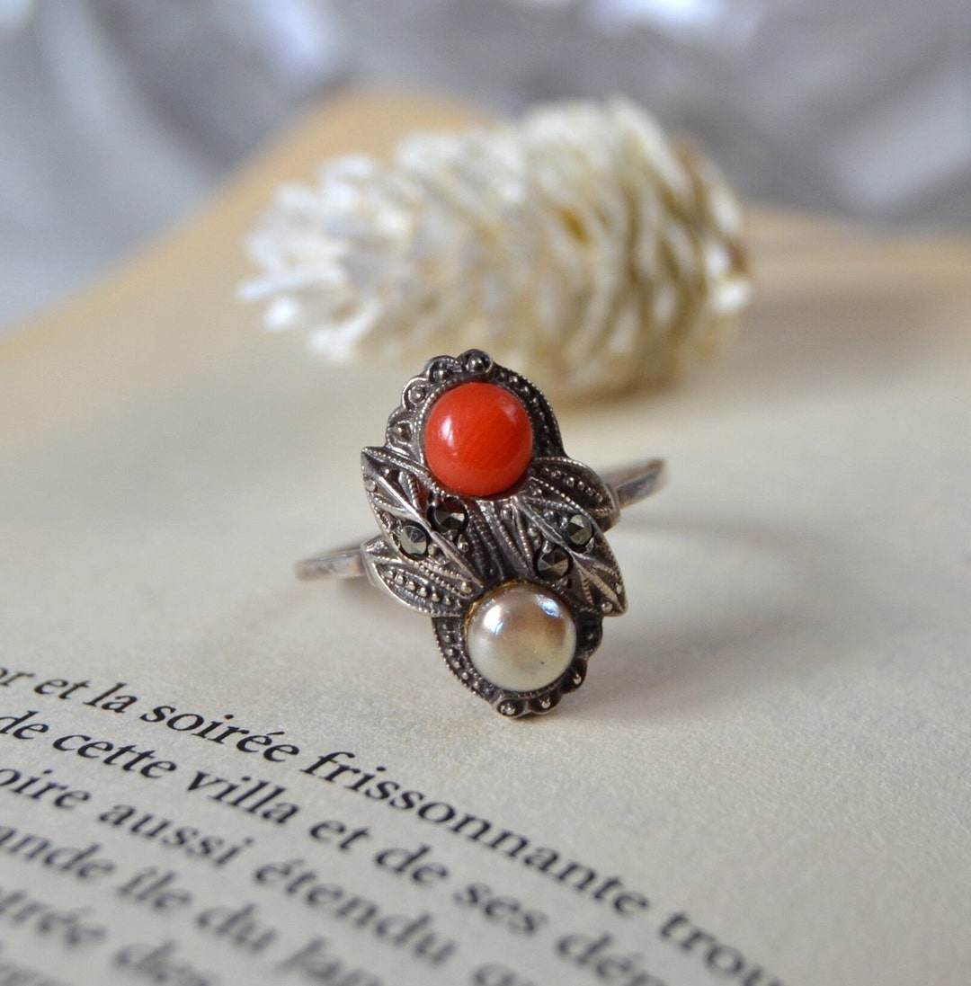 Art Deco Pinky Ring Ca 1920. Coral and Pearl Silver Ring. Unique Gift