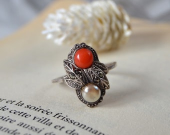 Art Deco Silver Ring: coral and pearl Pinky Ring, 1920s