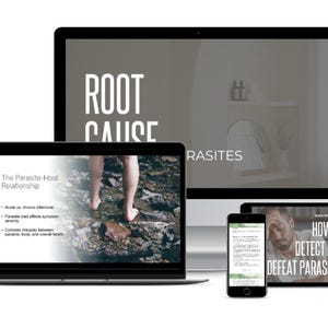 Peut inclure: Une image de marketing numérique pour un site Web sur les parasites. L'image montre trois appareils : un ordinateur portable, un ordinateur de bureau et un smartphone. L'écran de l'ordinateur portable affiche une diapositive intitulée « La relation parasite-hôte » avec des puces sur les infections aiguës et chroniques, la charge parasitaire affectant la gravité des symptômes et l'interaction complexe entre les parasites, la nourriture et la santé générale. L'écran de l'ordinateur de bureau affiche le texte « CAUSE RACINE » et le mot « PARASITES ». L'écran du smartphone affiche le texte « COMMENT DÉTECTER ET VAINCRE LES PARASITES ».