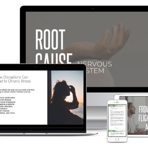 May include: A laptop, tablet, and smartphone display images and text related to the nervous system and chronic illness. The laptop screen shows a presentation titled "How Disruptions Can Lead to Chronic Illness" with a list of health issues. The tablet screen shows a man sitting in front of a window with the text "From Fight or Flight to Rest and Digest". The smartphone screen shows text about the nervous system. The laptop, tablet, and smartphone are all on a white background.