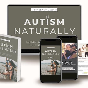 Op de afbeelding: Een afbeelding met een boek, een computerscherm, twee smartphones en een tablet. Het boek en het scherm tonen de tekst "AUTISM NATURALLY". De smartphones tonen afbeeldingen en tekst over autisme-ondersteuning. De tablet toont tekst over rustigere dagen.