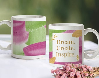 cup dream. create. inspire - Green Pink Gold Abstract painting