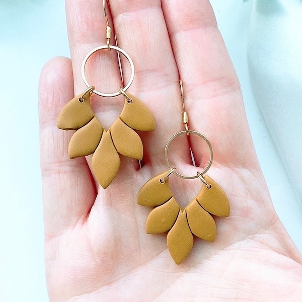 Mustard Polymer Clay earrings, dangle drop, personalised gifts for her, 18k gold, stainless steel earrings, hypoallergenic, boho leaf