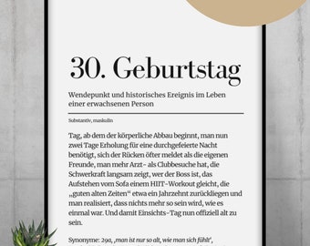Poster for a 30th birthday as a money gift for men & women, funny definition for a 30th birthday, birthday gift, PDF, various sizes