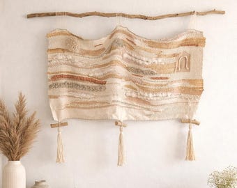 Großes Fiber Art Wandtuch: Leinen, Wolle & Holz Wandbehang 120x120cm