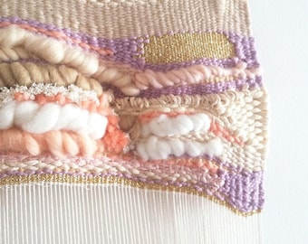 Woven Wall Hanging: Wool & Gold Fiber Art Tapestry