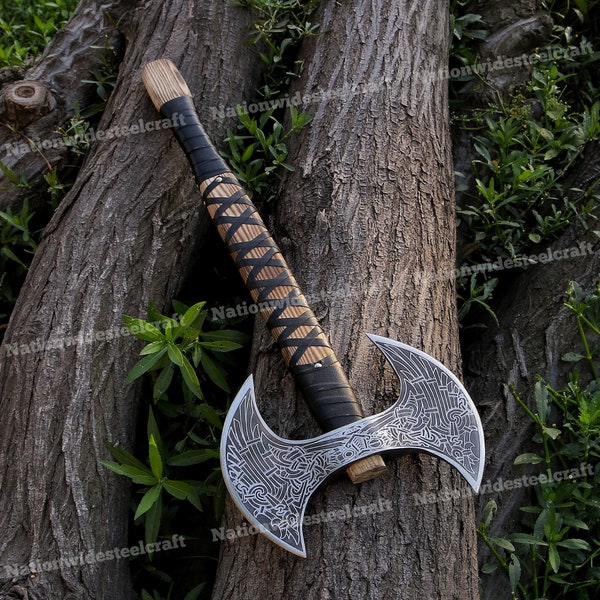Double Sided Viking Bearded axe, Scandinavian Viking axe with Leather Sheath, Badass Viking axe, Tomahawk axe, Personalized Gift for husband