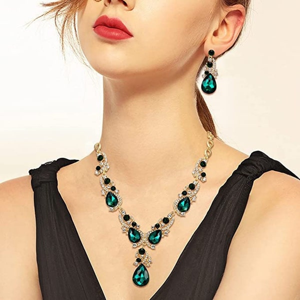 Firstmeet Women's Crystal Teardrop Statement Jewelry Set - Necklace & Dangle Earrings, Royal Blue - View #4