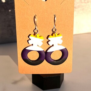 Non-Binary Genderqueer Symbol Dangle Earrings | Stainless Steel, Hypoallergenic Fish Hooks | Yellow, White, Purple, Black Polymer Clay