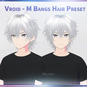 May include: Two anime-style characters with white hair and black shirts. The image is a hair preset advertisement with the text "Vroid - M Bangs Hair Preset" at the top. The artist's name, "@Surcen", is at the bottom.